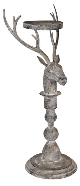 Šedý kovový svícen na vysoké noze ve tvaru jelena – 17x14x42 cm