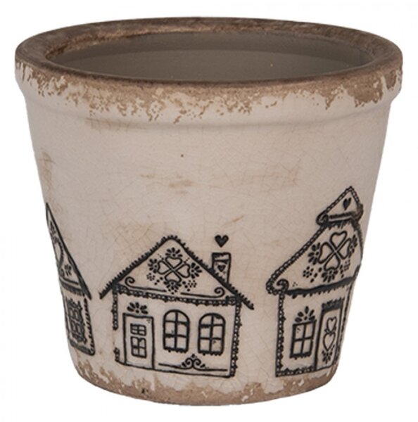 Béžový keramický obal na květináč s motivem perníkových domečků Gingerbread Bliss XS – 8x7 cm