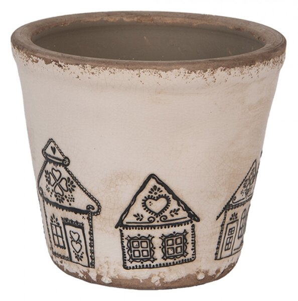 Béžový keramický obal na květináč s motivem perníkových domečků Gingerbread Bliss S – 12x11 cm