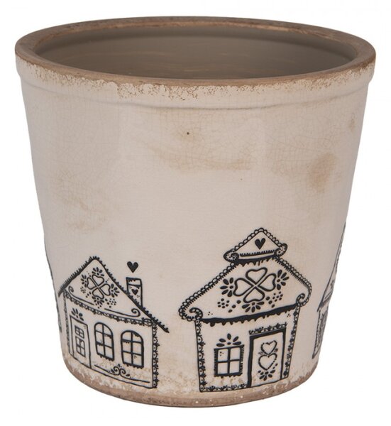 Béžový keramický obal na květináč s motivem perníkových domečků Gingerbread Bliss XL – 21x20 cm