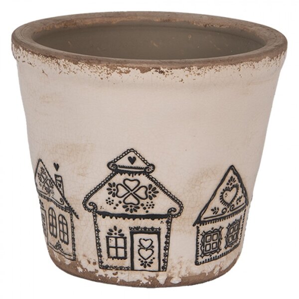 Béžový keramický obal na květináč s motivem perníkových domečků Gingerbread Bliss S – 12x11 cm