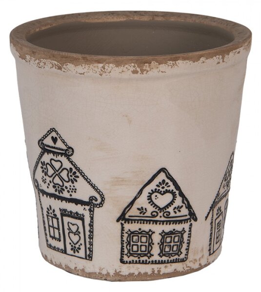 Béžový keramický obal na květináč s motivem perníkových domečků Gingerbread Bliss L – 17x16 cm
