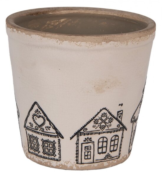 Béžový keramický obal na květináč s motivem perníkových domečků Gingerbread Bliss M – 15x14 cm