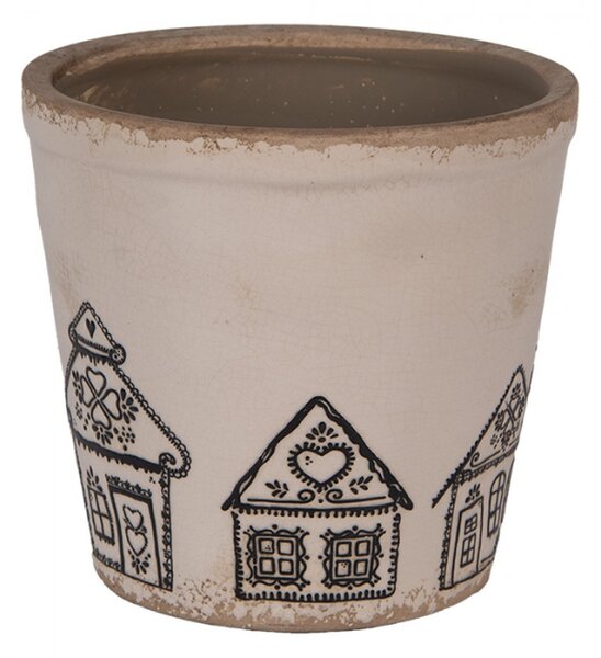 Béžový keramický obal na květináč s motivem perníkových domečků Gingerbread Bliss M – 15x14 cm