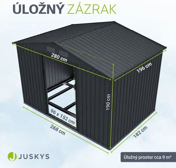Kovový zahradní domek na nářadí 280 × 196 × 190 cm, 9 m³