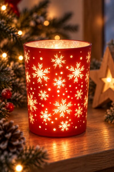 Skleněný svítící LED svícen vločky červený 16 cm 9305401B