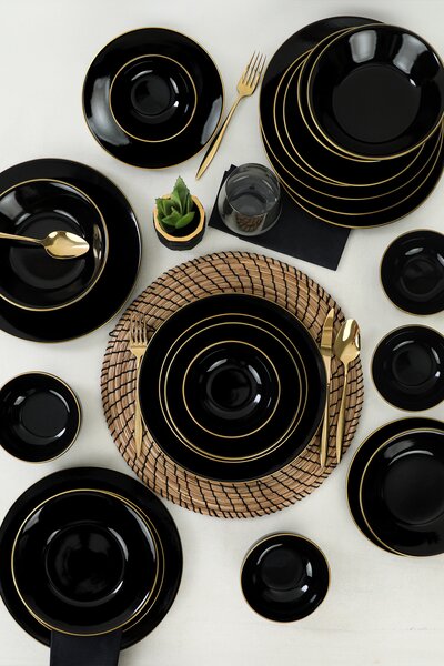 ASIR Porcelánová jídelní souprava 24 ks BLACK černá zlatá