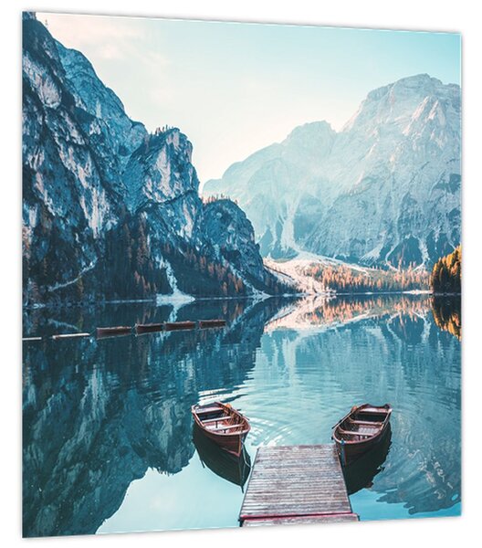 Obraz - Lodě na jezeře Braies (30x30 cm)