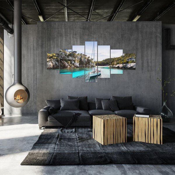 Obraz - Pláž s plachetnicí (210x100 cm)