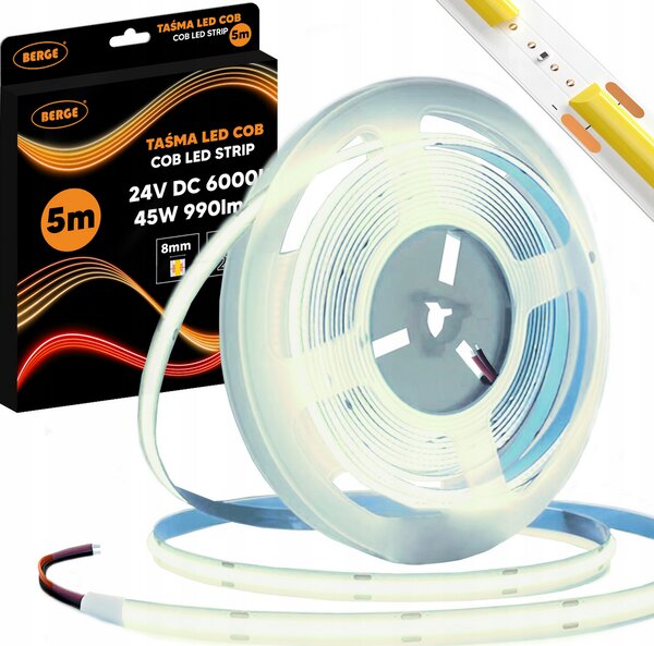BERGE LED pásek COB Neon 24V - 480D - 9W/m - IP20 - 990lm - 5m - studená barva