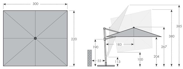 Doppler myZone 220 x 300 cm LED - výkyvný zahradní slunečník s boční tyčí světle šedá