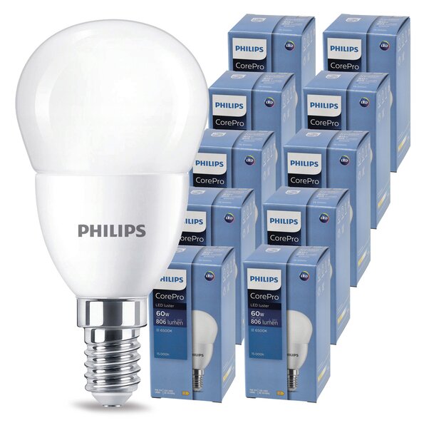 10x LED žárovka PHILIPS E14 7W – studená barva 6500K 230V CorePro