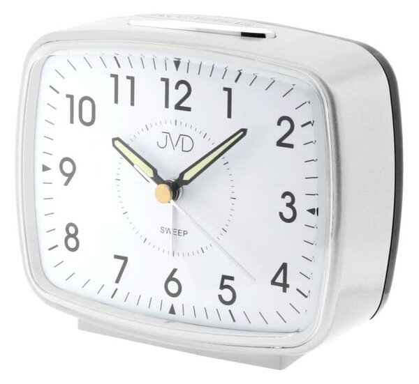 Stříbrný analogový budík JVD sweep SRP905.3 s mechanickým buzením