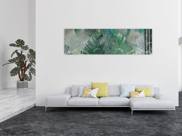 Obraz - Betonová textura s listy (170x50 cm)