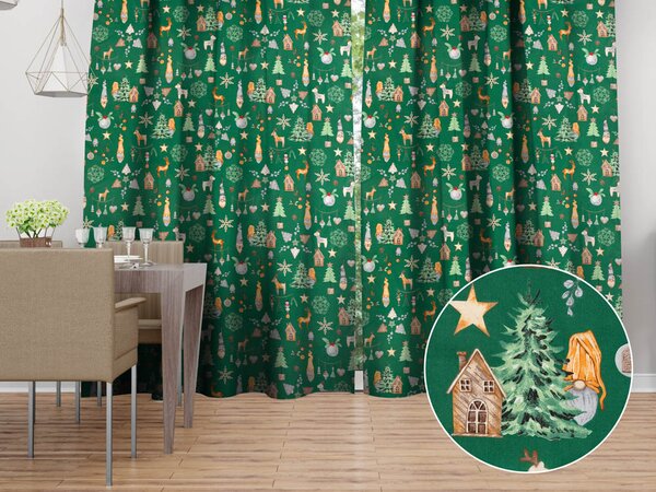 Biante Vánoční bavlněný závěs Sandra SA-508 Vánoční skřítci a ozdoby na zeleném 150x140 cm