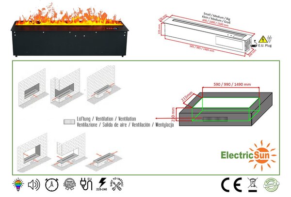 Krbové vložky s párou, ElectricSun MISTique velká, LED 8 barev, s aplikací, se zvukem, 150 cm