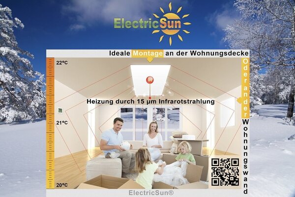 Infračervený topný panel ElectricSun 720W bílý, elektrický ohřívač s termostatem, pro montáž na stěnu a strop, 120x62cm
