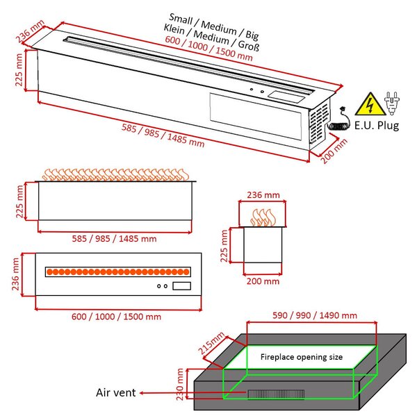 Krbové vložky s párou, ElectricSun MISTique velká, LED 8 barev, s aplikací, se zvukem, 150 cm