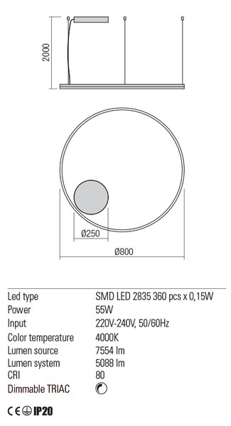Redo Závěsné LED svítidlo ORBIT ø 80 cm, 4000K Barva: Černá, Stmívání, řízení: DALI