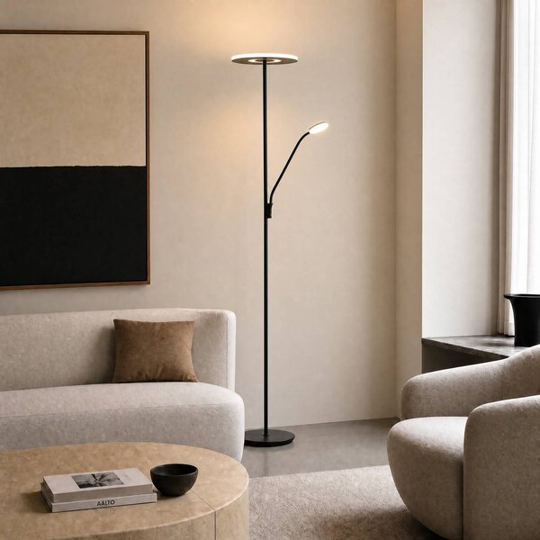 Lucande LED stojací lampa Raymond, černá, na čtení, stmívatelný, Černá, Obývací pokoj / jídelna, kov, Moderní