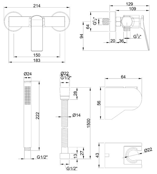 Invena Neri, sprchová baterie s ruční sprchovou soupravou, měděná matná, INV-BN-P1-014-L