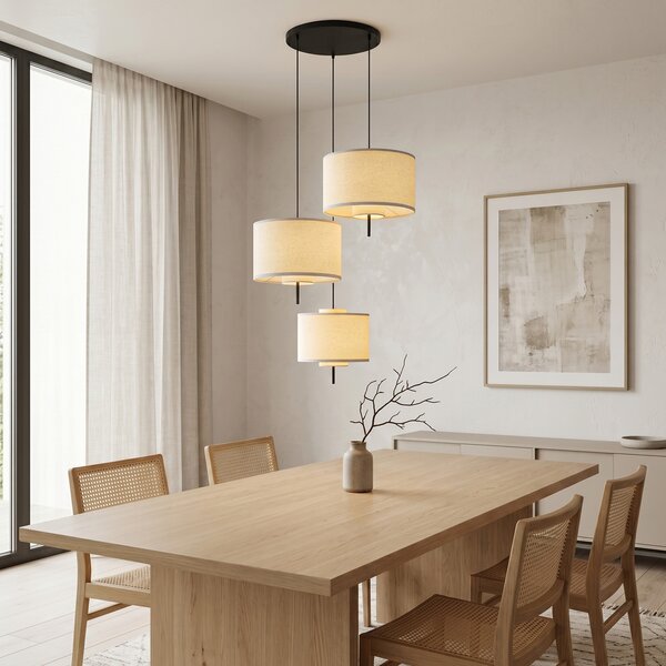 Japandi závěsná lampa černá s bílými lněnými stínidly, 3 světla - Rieu