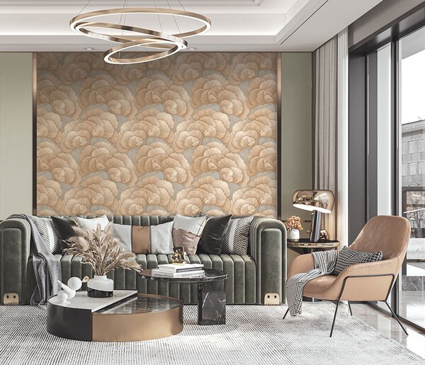 Vliesová tapeta na zeď, šedo-bežová, zlatá, listy Gingka, RE521014, Renaissance, Design Id R