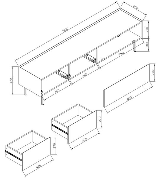 Tmavě červený dubový TV stolek Teulat Arista 180 x 40 cm