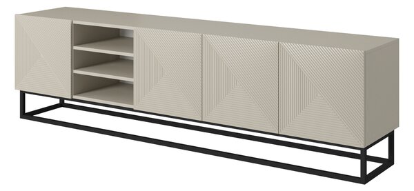 TV stolek Asha 200 cm s rýhovaným čelem, otevřenou přihrádkou a černým kovovým rámem - kašmír