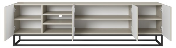 TV stolek Asha 200 cm s rýhovaným čelem, otevřenou přihrádkou a černým kovovým rámem - kašmír