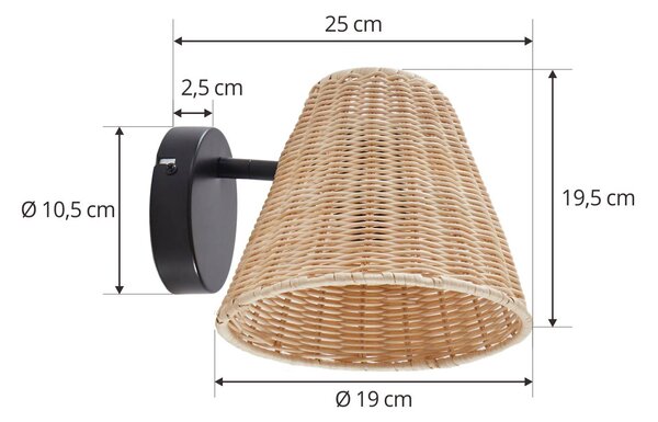 Nástěnné svítidlo Lindby Zyralia, barva dřeva, ratan, výška 19,5 cm