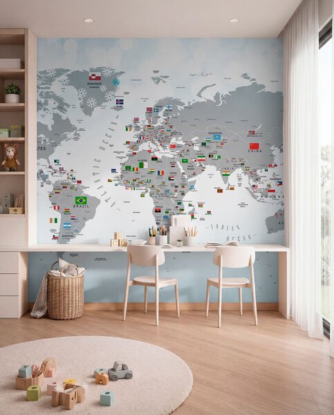 Fototapety Mapa světa s vlajkami, Fototapety dětské, Fototapety pro chlapce, u72599 : uwalls.cz