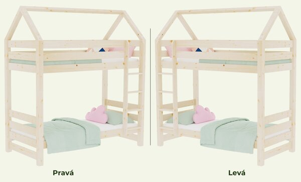 Domečková patrová postel ALPY se žebříkem 90x200 cm - Transparentní lazura, Zvolte šuplík: Bez šuplíku, Bez spodní zábrany