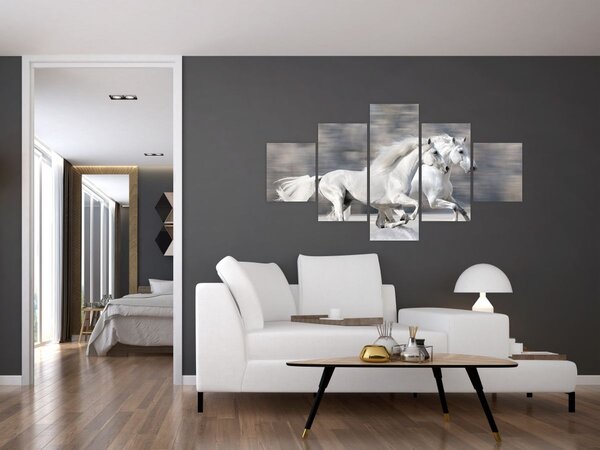 Obraz - Bílí koně v zimě (125x70 cm)