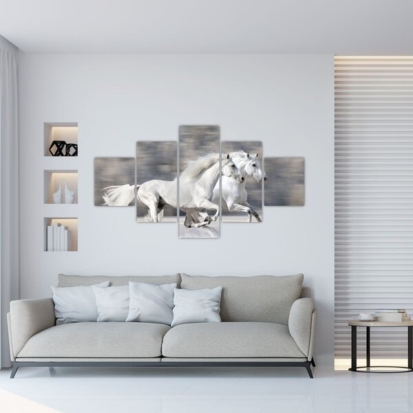 Obraz - Bílí koně v zimě (125x70 cm)