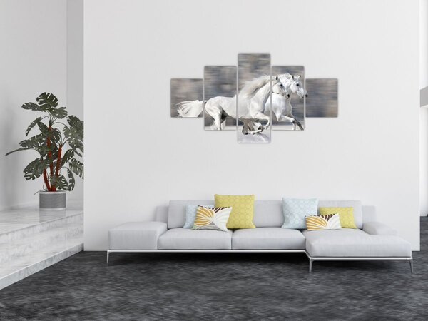 Obraz - Bílí koně v zimě (125x70 cm)