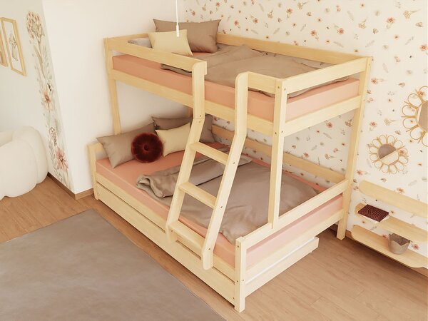 Patrová postel LUCKY s předním žebříkem 90x200, 120x200 cm - Nelakovaná, Zvolte šuplík: Úložný šuplík, Zvolte stranu: Vlevo