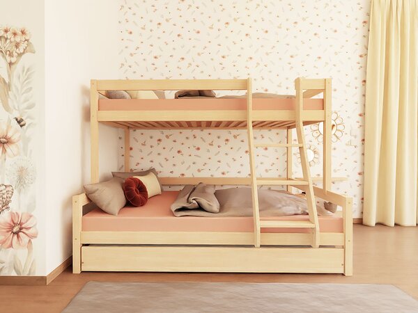Patrová postel LUCKY s předním žebříkem 90x200, 120x200 cm - Nelakovaná, Zvolte šuplík: Úložný šuplík, Zvolte stranu: Vlevo