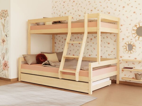 Patrová postel LUCKY s předním žebříkem 90x200, 120x200 cm - Nelakovaná, Zvolte šuplík: Úložný šuplík, Zvolte stranu: Vlevo