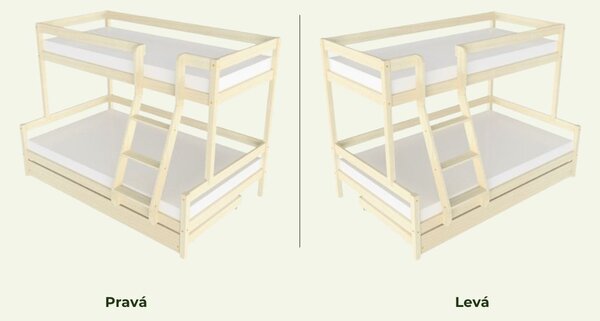 Patrová postel LUCKY s předním žebříkem 90x200, 120x200 cm - Nelakovaná, Zvolte šuplík: Úložný šuplík, Zvolte stranu: Vlevo
