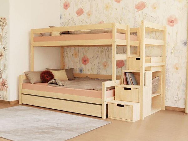 Patrová postel LUCKY s úložnými schody 90x200, 120x200 cm - Nelakovaná, Zvolte šuplík: Bez šuplíku, Zvolte stranu: Vpravo
