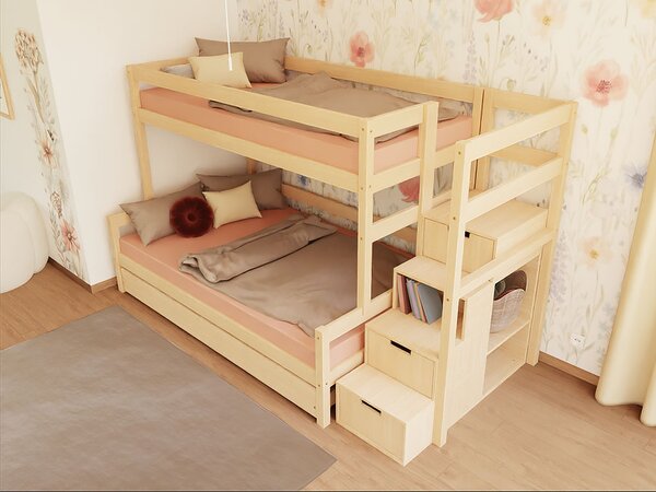 Patrová postel LUCKY s úložnými schody 90x200, 120x200 cm - Nelakovaná, Zvolte šuplík: Bez šuplíku, Zvolte stranu: Vpravo