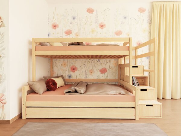 Patrová postel LUCKY s úložnými schody 90x200, 120x200 cm - Nelakovaná, Zvolte šuplík: Bez šuplíku, Zvolte stranu: Vpravo