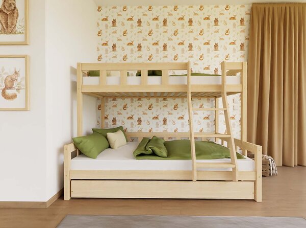 Patrová postel PLOTTY s předním žebříkem 90x200, 120x200 cm - Nelakovaná, Zvolte šuplík: Bez šuplíku, Zvolte stranu: Vpravo
