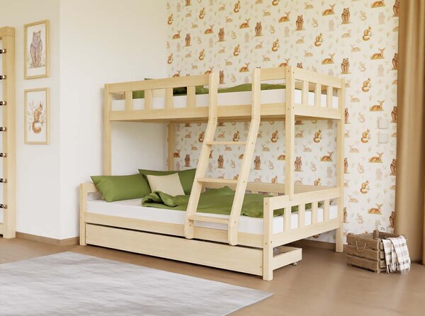 Patrová postel PLOTTY s předním žebříkem 90x200, 120x200 cm - Nelakovaná, Zvolte šuplík: Bez šuplíku, Zvolte stranu: Vpravo
