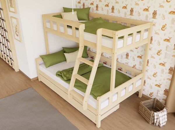 Patrová postel PLOTTY s předním žebříkem 90x200, 120x200 cm - Nelakovaná, Zvolte šuplík: Bez šuplíku, Zvolte stranu: Vpravo