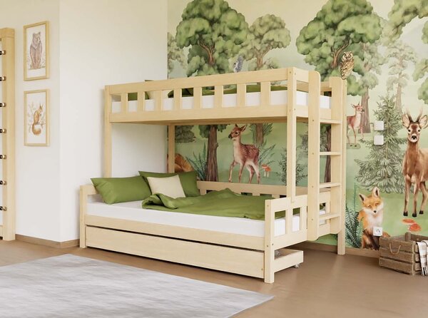 Patrová postel PLOTTY s bočním žebříkem 90x200, 120x200 cm - Nelakovaná, Zvolte šuplík: Úložný šuplík, Zvolte stranu: Vlevo