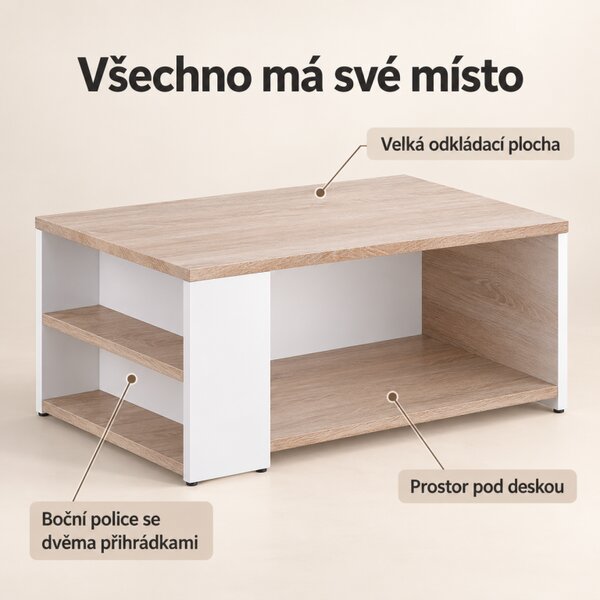 Konferenční stolek 90x60x50 cm, s policemi, bílá / dub
