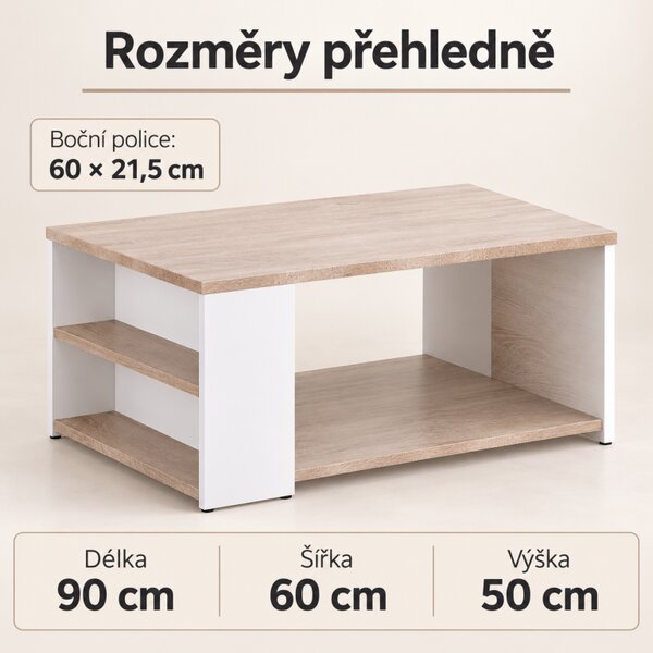 Konferenční stolek 90x60x50 cm, s policemi, bílá / dub