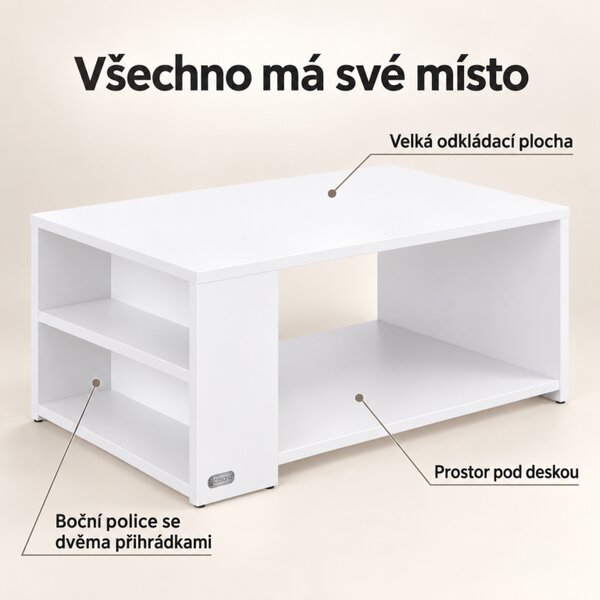 Konferenční stolek 90x60x50 cm, s policemi, bílá